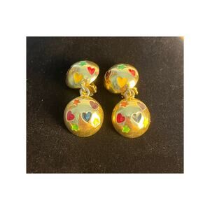 VTG Gold Tone Enamel Rainbow Hearts Clip On Earrings 80s Glam Marimekko